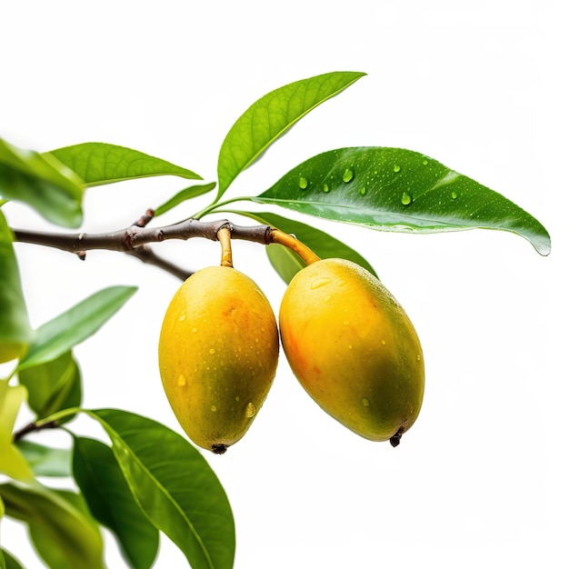 Due limoni su un ramo con foglie verdi e la parola mango sopra.