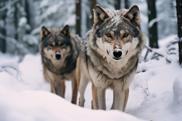 Due lupi che camminano nella neve