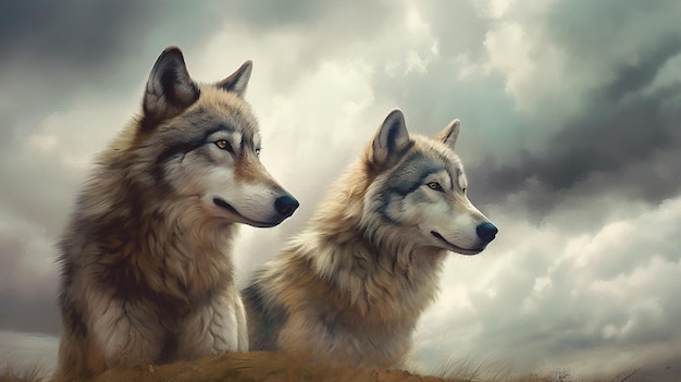 Due lupi che si guardano l'un l'altro con il cielo nuvoloso come backgroundgenerative ai