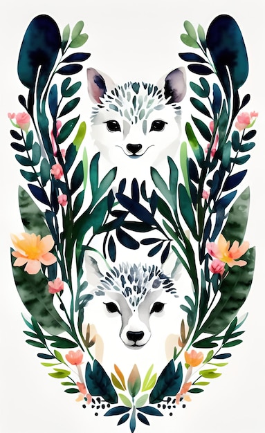 Due lupi nelle foglie delle piante con le parole lupo e lupo sul fondo.