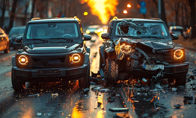 Due macchine coinvolte in un incidente stradale in una strada della città al tramonto