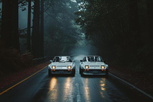 Due macchine guidano i fari della strada della foresta nebbiosa che illuminano il sentiero bagnato buio