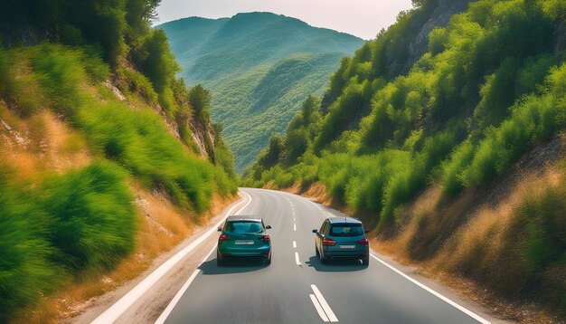 due macchine stanno guidando lungo una strada con le montagne sullo sfondo