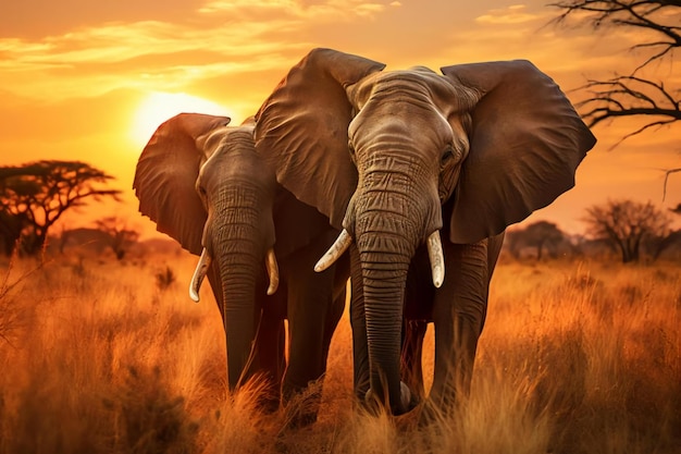 Due maestosi elefanti in piedi nella vasta savana africana generata da ai