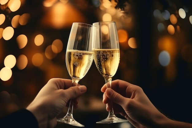 Due mani che brindano con bicchieri di champagne contro uno sfondo chiaro bokeh