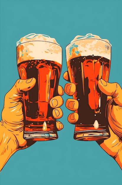Due mani che brindano con un bicchiere pieno di birra.