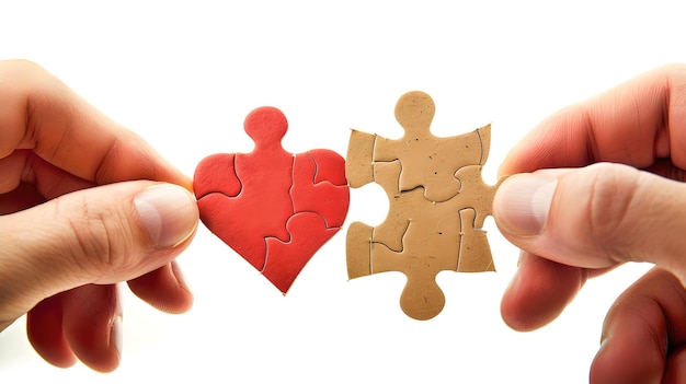 Due mani che collegano cuore e pezzo puzzle che simboleggiano amore e connessione Perfetto per temi di relazioni e lavoro di squadra Immagine semplice e chiara che mostra unità e affetto AI