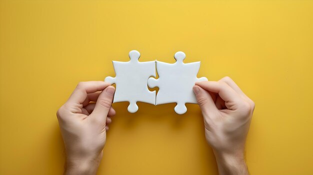 Due mani che collegano i pezzi del puzzle su uno sfondo giallo brillante concetto di risoluzione di problemi lavoro di squadra e collaborazione creativa semplice rappresentazione visiva AI