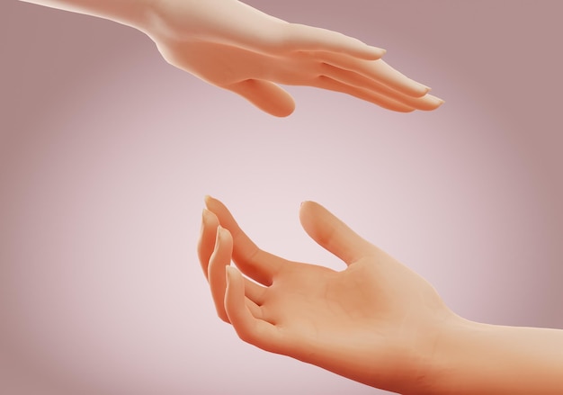 Due mani che raggiungono un'altra su sfondo rosa Concetto di supporto, cura dell'amore, protezione e connessione tra le persone Rendering 3D