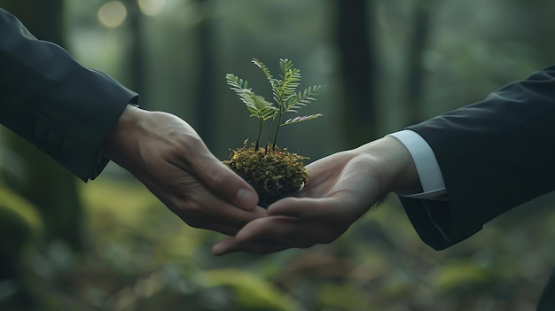 Due mani che si scambiano una giovane pianta in una foresta che simboleggia la crescita e le interazioni eco-friendly business incontra la natura tema dello sviluppo sostenibile AI