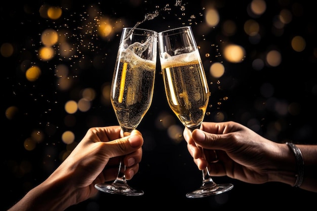 due mani che tengono bicchieri di champagne con le parole champagne sullo sfondo
