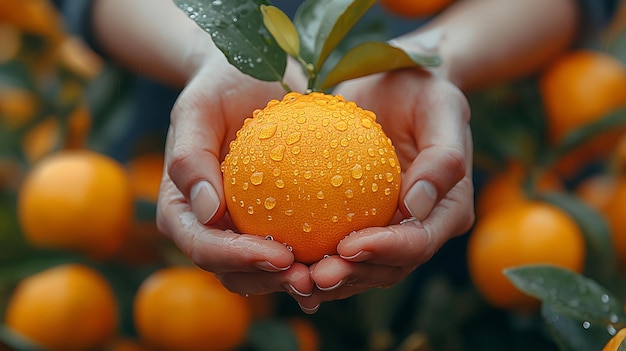 Due mani che tengono frutta d'arancia fresca e gustosa