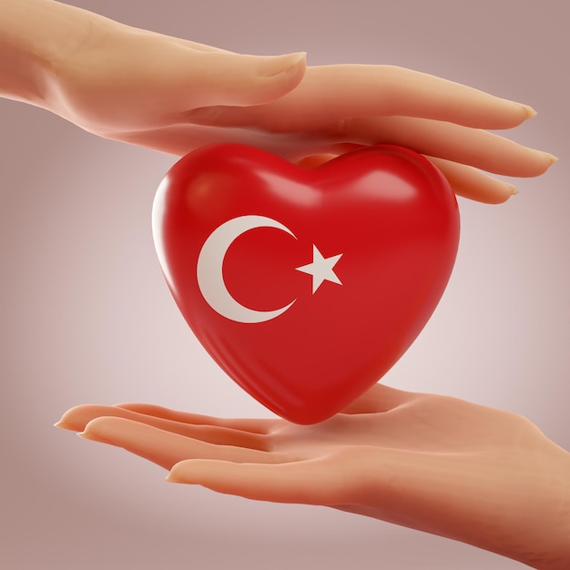 Due mani che tengono il cuore con la bandiera della Turchia Concetto di amore, libertà, indipendenza e supporto del paese, rendering 3D