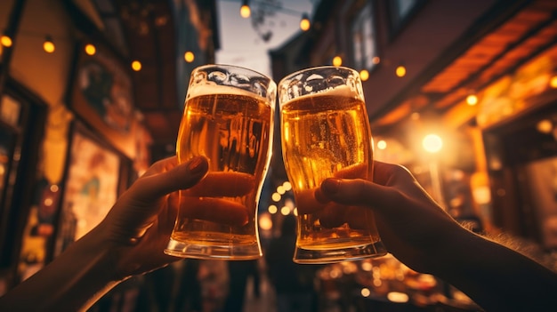 Due mani che tengono le tazze di birra e brindano