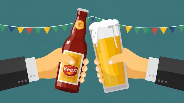 due mani che tengono una bottiglia di birra con uno striscione che dice birra