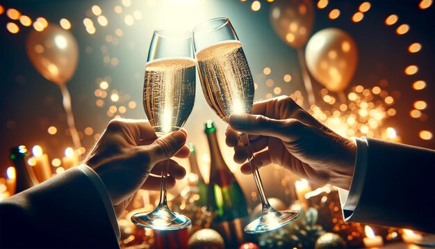 due mani con bicchieri di champagne che festeggiano un evento speciale come il Capodanno
