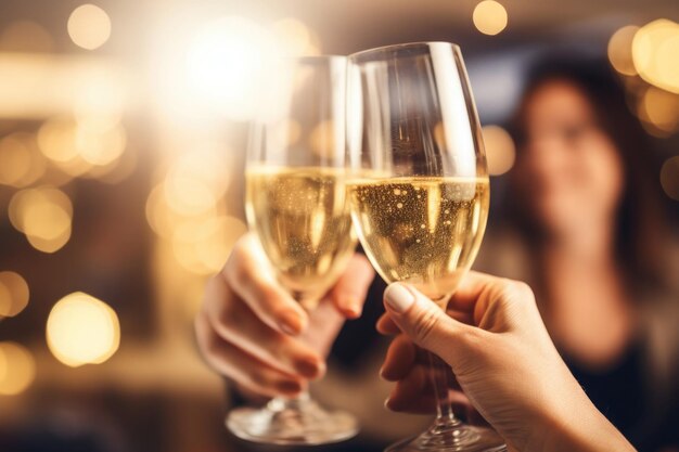 Due mani con bicchieri di vino champagne tintinnio contro luci dorate sfocate Sfondo festivo e concetto di celebrazione