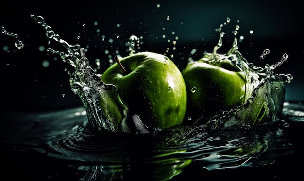 Due mele verdi stanno schizzando nell'acqua.