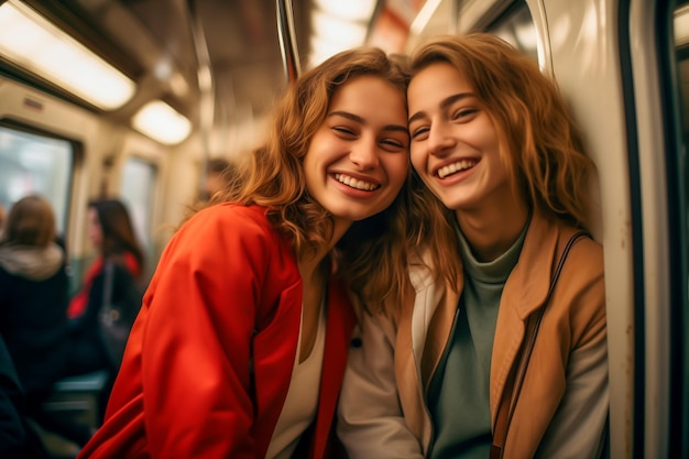 Due migliori amici che sorridono in metropolitana.