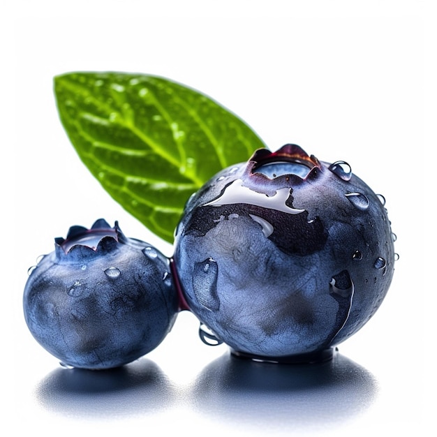 Due mirtilli sono accanto a una foglia verde con sopra la parola frutta.