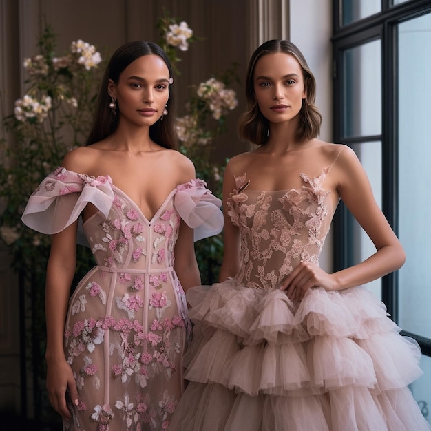 due modelle stanno una accanto all'altra, una delle quali indossa un abito rosa e bianco con fiori rosa