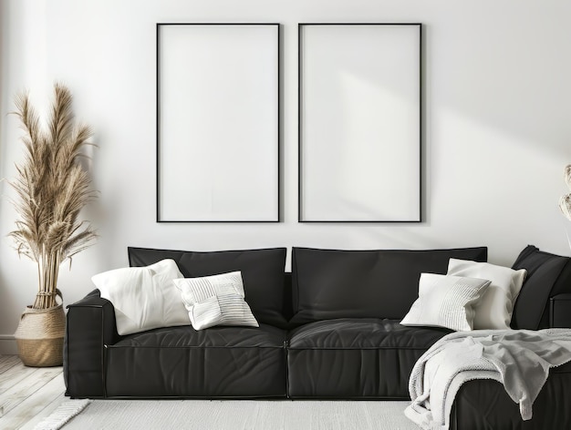Due modelli di poster bianchi appesi sopra un divano scuro ispirato alla pubblicità