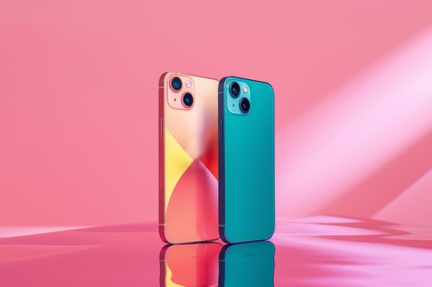 Due moderni smartphone multicolori su uno sfondo rosa