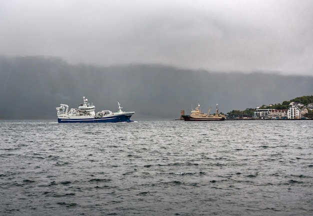 Due navi industriali in mare. Tema del trasporto