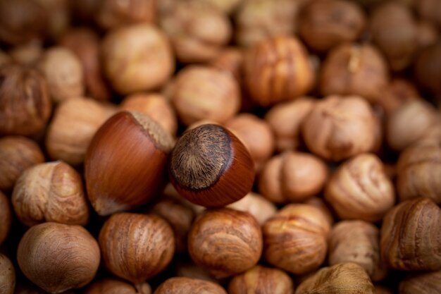 Due nocciole intere con la buccia e le noci sbucciate.