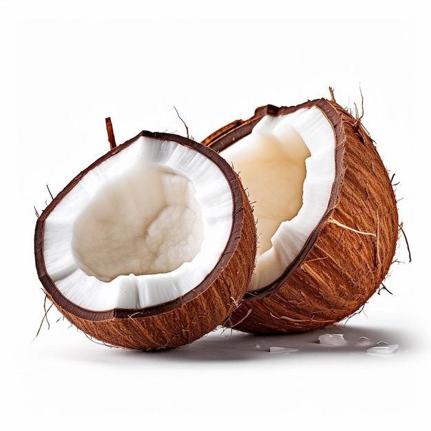 Due noci di cocco sono su uno sfondo bianco con una goccia d'acqua in cima.