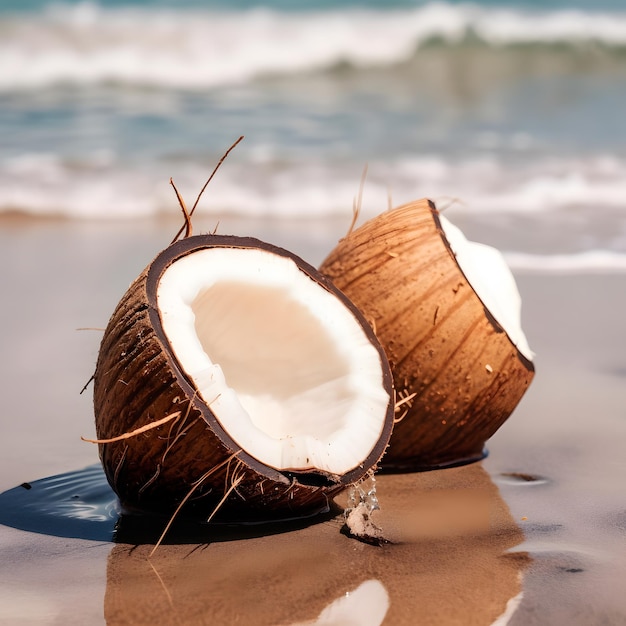 Due noci di cocco su una spiaggia con l'oceano sullo sfondo.