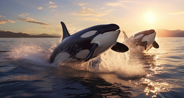 Due orche che saltano sullo sfondo del sole che tramonta nella baia