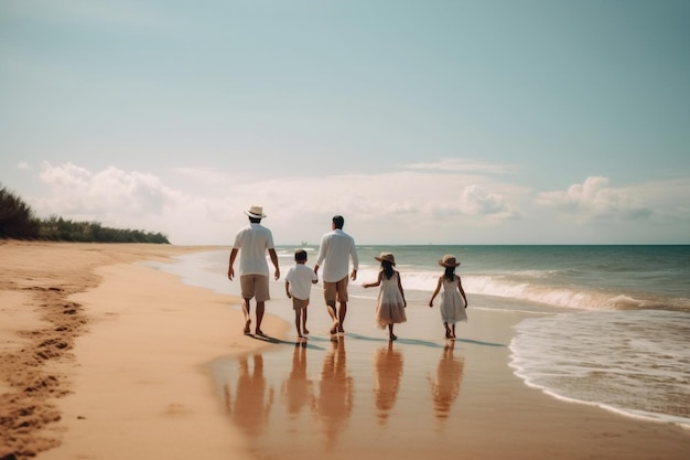 Due padri e figli sulla spiaggia Divertirsi in famiglia al sole AI generativa