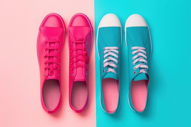 Due paia di scarpe da ginnastica rosa e blu su un'immagine ai generativa di sfondo blu e rosa