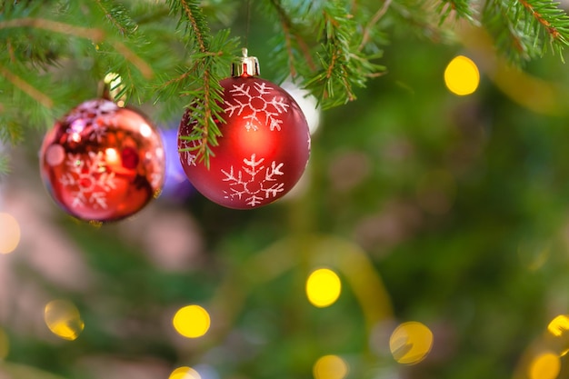 Due palline rosse sul ramo dell'albero di Natale al coperto