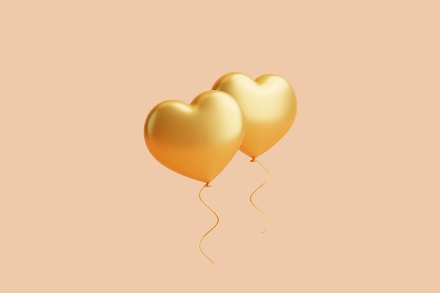 Due palloncini dorati a forma di cuore isolati su uno sfondo color pesca Rendering 3D del concetto di San Valentino