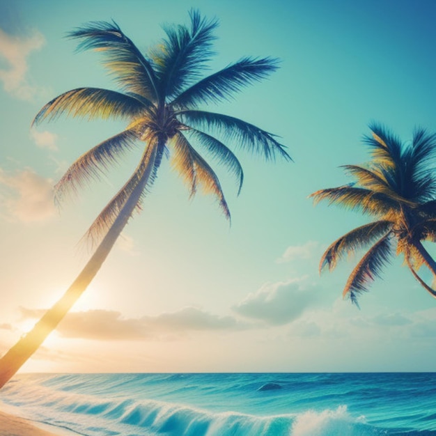 due palme su una spiaggia con il sole che tramonta dietro di loro