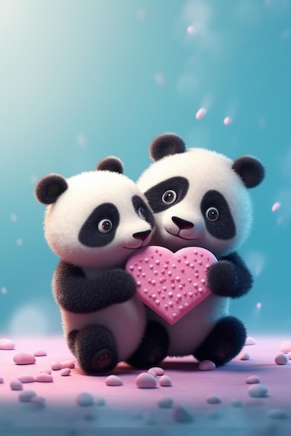 due panda tengono in mano una scatola a forma di cuore con un cuore sul fondo