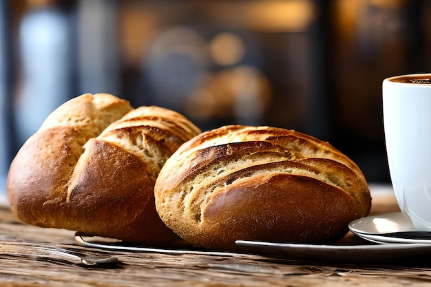 Due pane a lievitazione naturale e una tazza di caffè vista laterale al tavolo