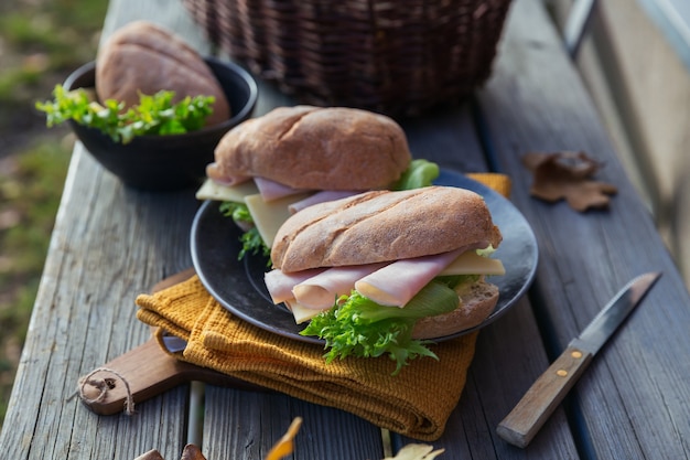 Due panini baguette ciabatta fresca con prosciutto, formaggio e lattuga su fondo rustico in legno wooden