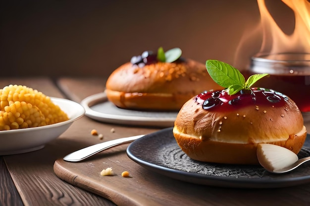 Due panini con marmellata su un piatto con una ciotola di salsa di mirtilli rossi