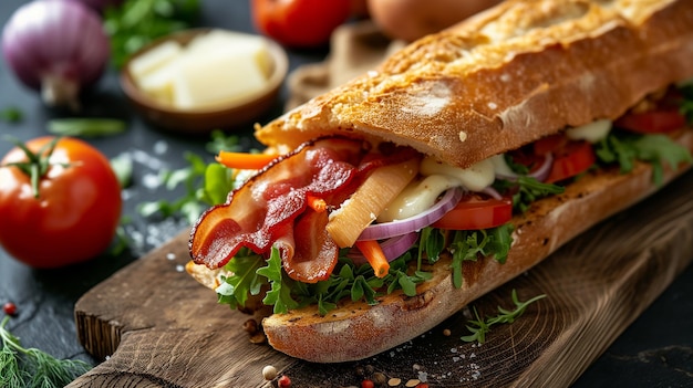 Due panini sottomarini freschi con prosciutto, formaggio, pancetta, pomodori, lattuga, cetrioli e cipolle su uno sfondo di legno scuro.