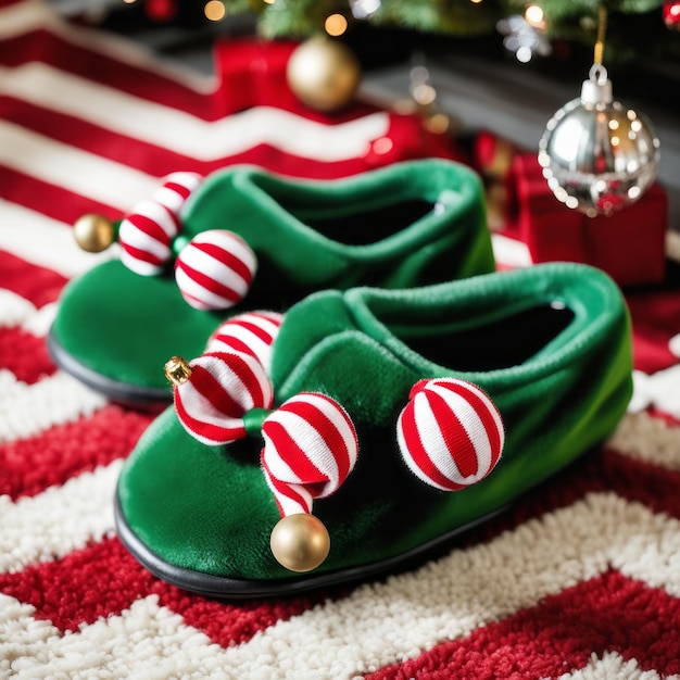 Due pantofole verdi novità dell'elfo di Natale con le campane sul tappeto del soggiorno