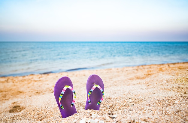 Due pantofole viola incastrate nella sabbia della spiaggia