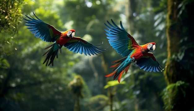 due pappagalli che volano nell'aria con il cielo sullo sfondo