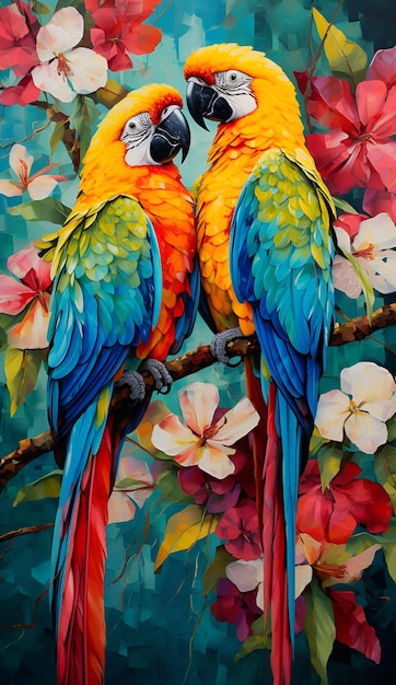 Due pappagalli colorati seduti su un ramo di un albero con foglie