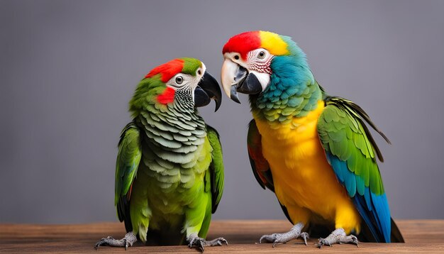 due pappagalli colorati si trovano di fronte l'uno all'altro uno ha una testa rossa e verde