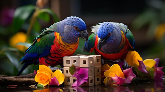 due pappagalli si siedono insieme Illustrazione creativa della carta da parati dello sfondo di fotografia ad alta definizione