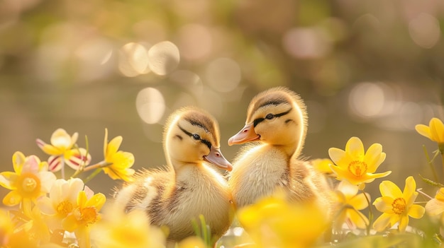 Due pappagalli soffici siedono adorabilmente tra i fiori gialli vivaci della primavera