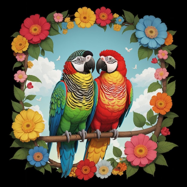 due pappagalli sono seduti su un ramo con fiori e la loro immagine è incorniciata da fiori.